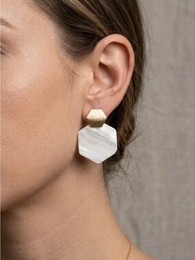 White And Gold Double Hexagon Earrings | Geometric Acrylic Marble Statement